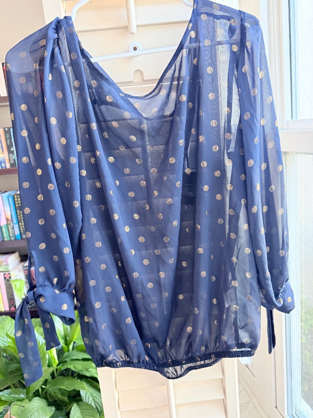 Bobeau Sheer Navy and gold blouse NWT